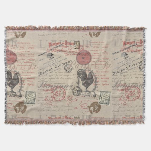 Vintage French Writing Paris Rooster typography Throw Blanket