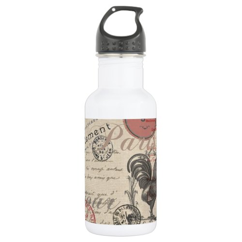 Vintage French Writing Paris Rooster typography Water Bottle