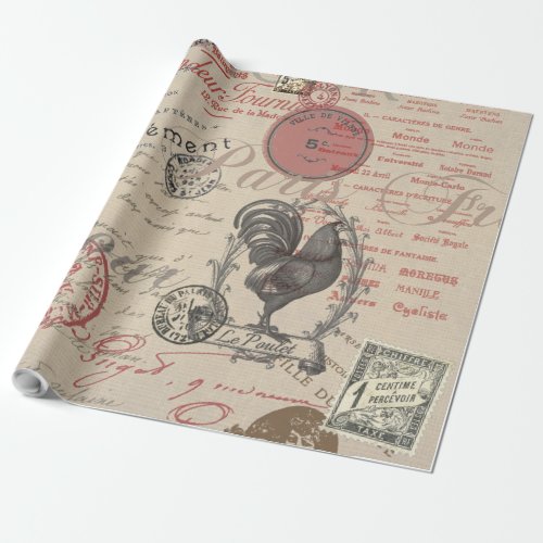 Vintage French Writing Paris Rooster typography Wrapping Paper