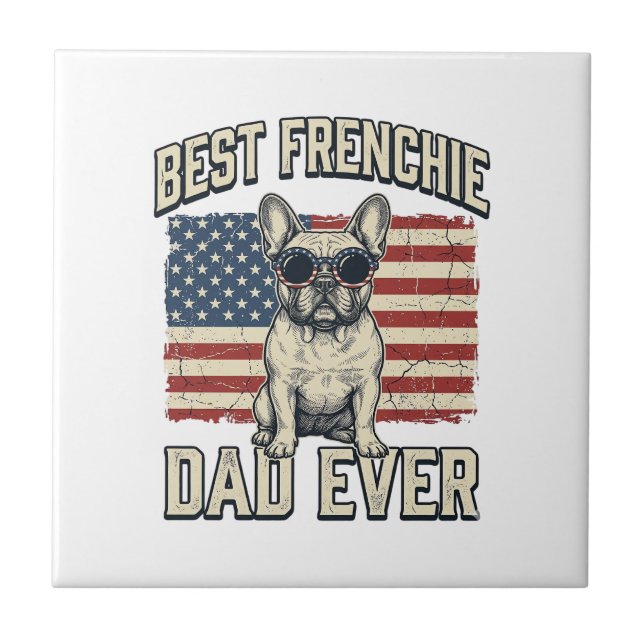 Vintage Frenchie Dad American Flag Ceramic Tile (Front)