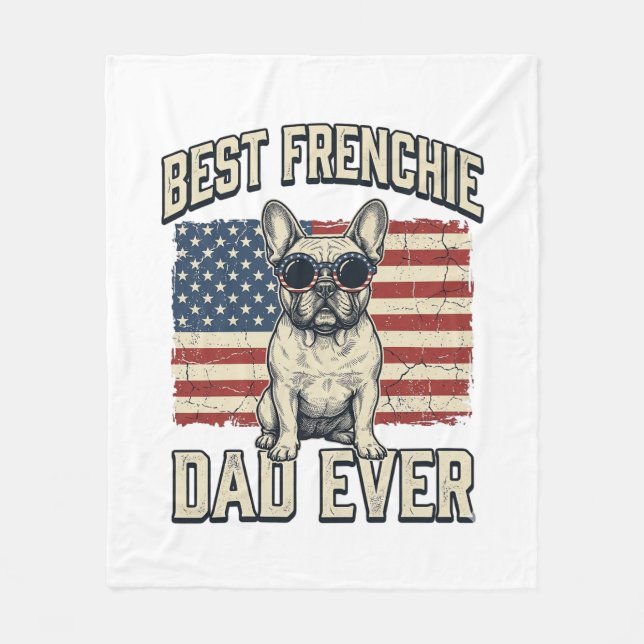 Vintage Frenchie Dad American Flag Fleece Blanket (Front)