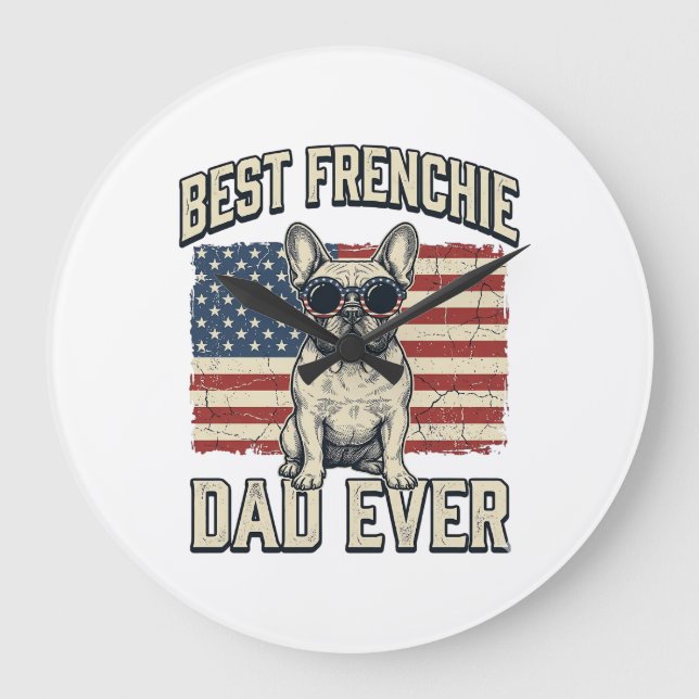 Vintage Frenchie Dad American Flag Large Clock (Front)