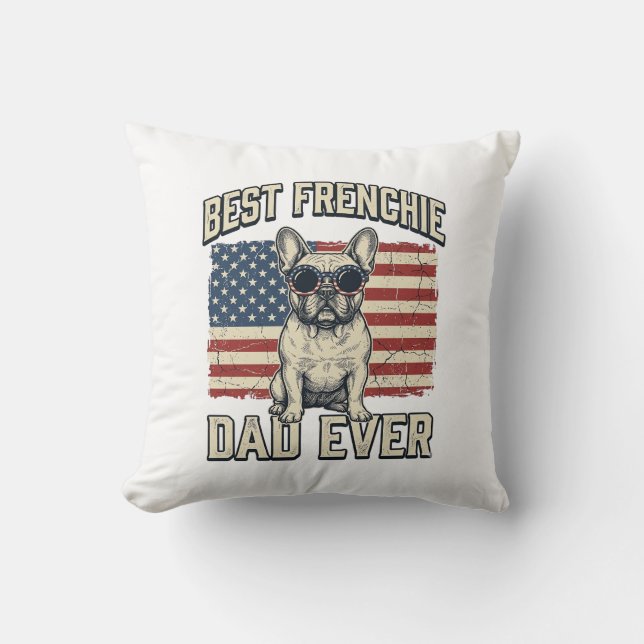 Vintage Frenchie Dad American Flag Throw Pillow (Front)