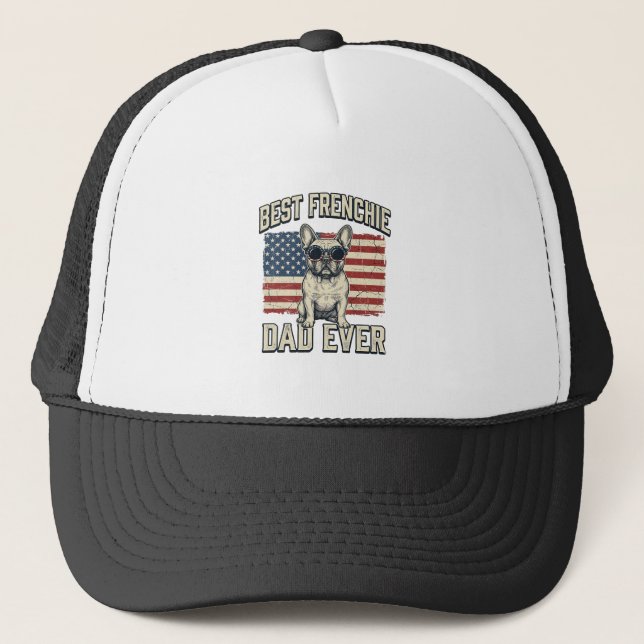 Vintage Frenchie Dad American Flag Trucker Hat (Front)