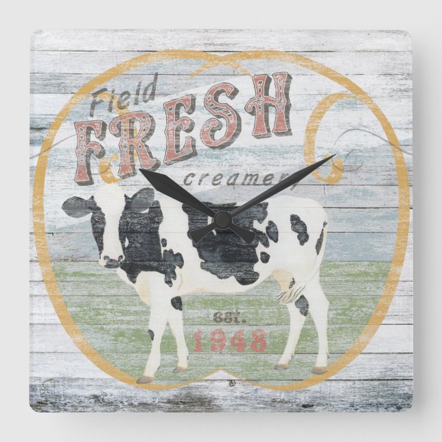 Vintage Fresh Creamery Cow Square Wall Clock (Front)