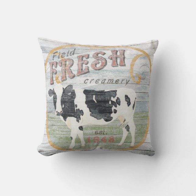 Vintage Fresh Creamery Cow Throw Pillow (Front)
