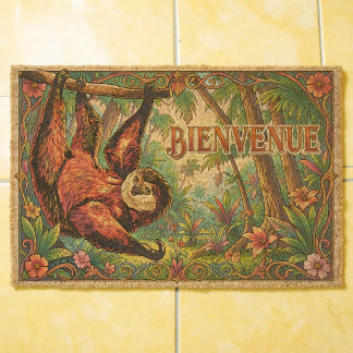 vintage friendly sloth - BIENVENUE Fiber Doormat