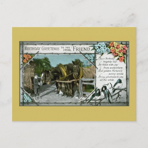 Vintage friends birthday greetings horses postcard