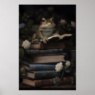 Vintage frog flower books print, green toad witch poster