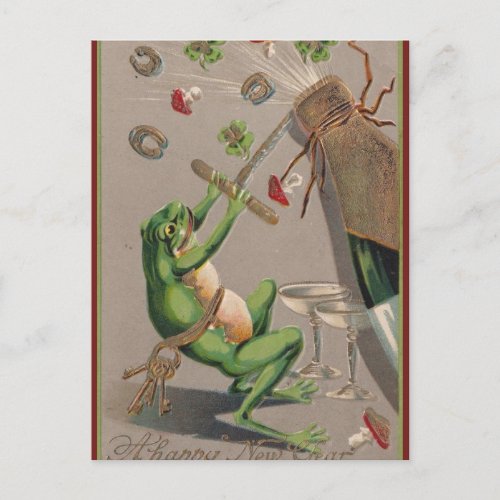 Vintage Frog Popping Cork on Champagne New Year Postcard