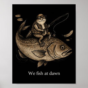 Vintage frog riding giant fish fish at dawn humor poster