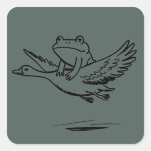 Vintage Frog Riding Goose Nature Whimsical Animal Square Sticker