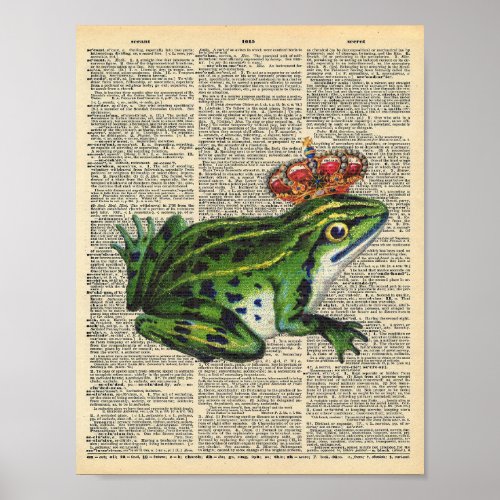 Vintage frog with crown on vintage dictionary page poster