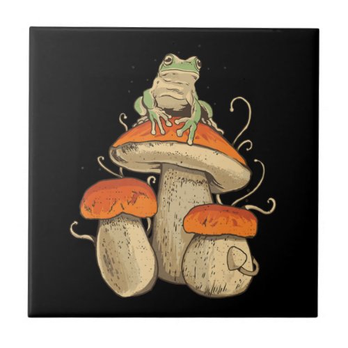Vintage Frog With Mushrooms Cottagecore Ceramic Tile