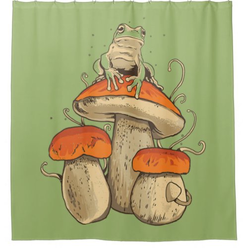 Vintage Frog With Mushrooms Cottagecore Shower Curtain