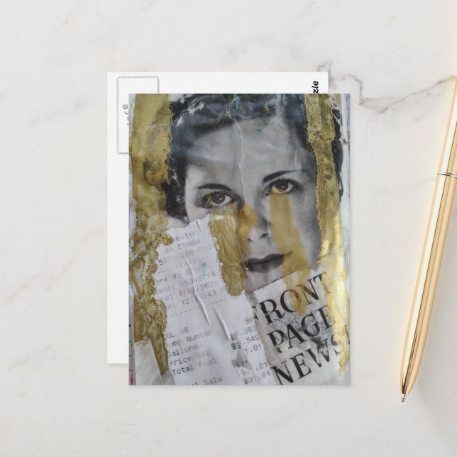 Vintage Front Page News lady Mixed media collage Postcard (Front/Back In Situ)