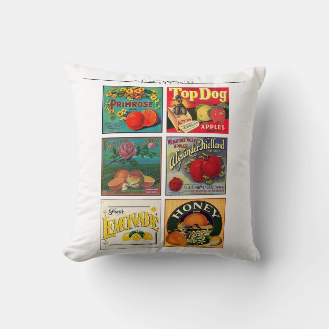 Vintage fruit advertisement labels throw pillow (Front)