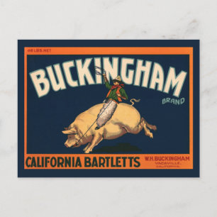 Vintage Fruit Crate Label Art Cowboy on Pig Rodeo Postcard