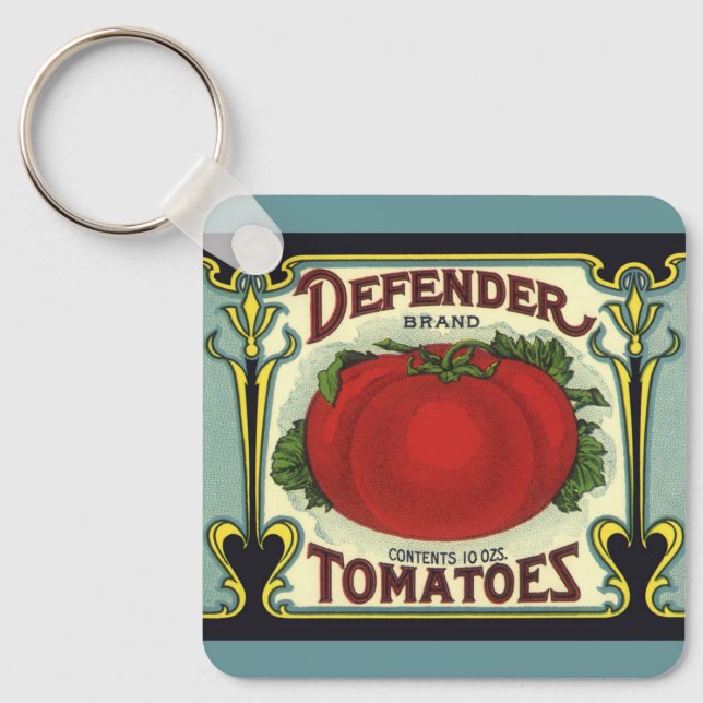 Vintage Fruit Crate Label Art, Defender Tomatoes Keychain (Front)