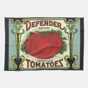 Vintage Fruit Crate Label Art, Defender Tomatoes Kitchen Towel