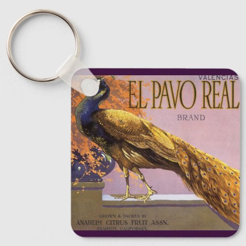 Vintage Fruit Crate Label Art El Pavo Peacock Bird Keychain