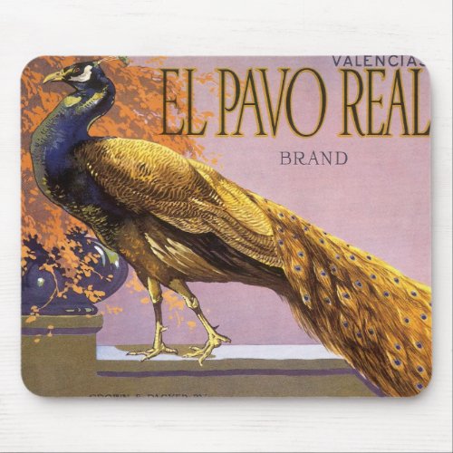 Vintage Fruit Crate Label Art El Pavo Peacock Bird Mouse Pad