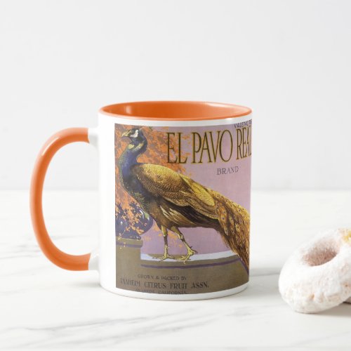 Vintage Fruit Crate Label Art El Pavo Peacock Bird Mug