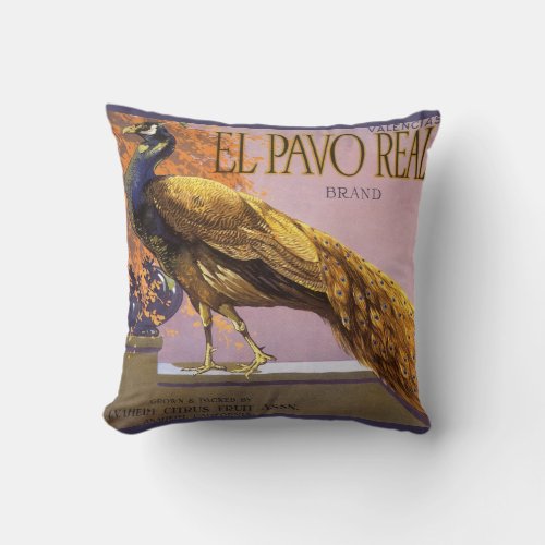 Vintage Fruit Crate Label Art El Pavo Peacock Bird Throw Pillow