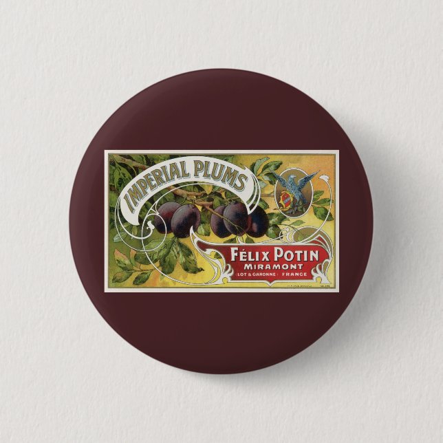 Vintage Fruit Crate Label Art, Imperial Plums Button (Front)