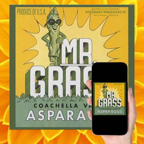 Vintage Fruit Crate Label Art Mr Grass Asparagus Invitation