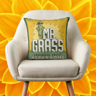 Vintage Fruit Crate Label Art Mr. Grass Asparagus Throw Pillow