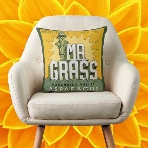 Vintage Fruit Crate Label Art Mr Grass Asparagus Throw Pillow
