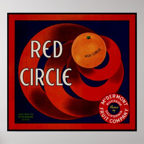 Vintage Fruit Crate Label Art Red Circle Oranges