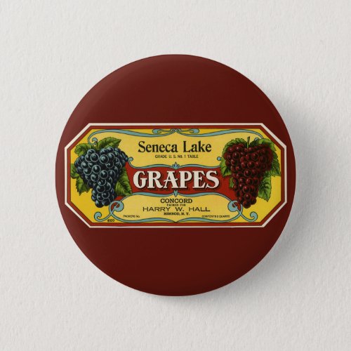 Vintage Fruit Crate Label Art Seneca Lake Grapes Button