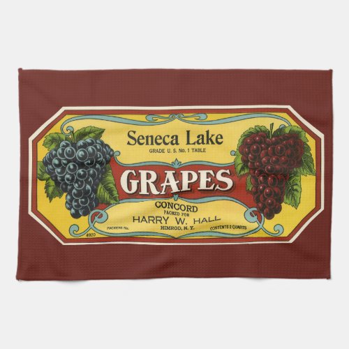Vintage Fruit Crate Label Art Seneca Lake Grapes Kitchen Towel