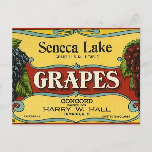 Vintage Fruit Crate Label Art Seneca Lake Grapes Postcard