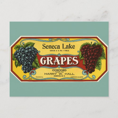 Vintage Fruit Crate Label Art Seneca Lake Grapes Postcard