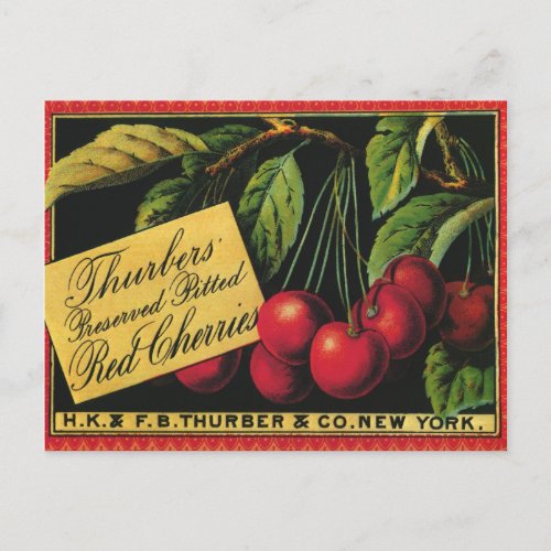 Vintage Fruit Crate Label Art Thurber Cherries Postcard