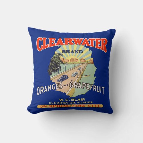 Vintage Fruit Crate Label Clearwater Florida Throw Pillow