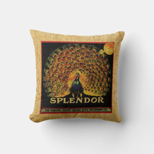 Vintage Fruit Label Eagle and Splendor Peacock Throw Pillow