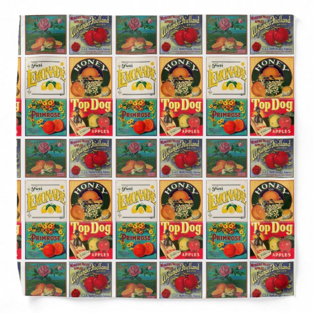 Vintage Fruit Label Pattern Bandana (Front)