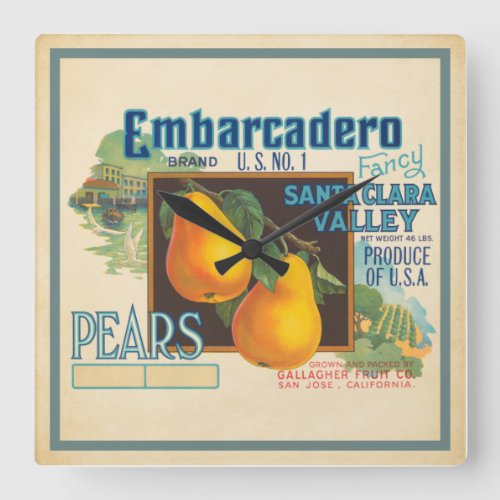 Vintage  Fruit Label Pears Square Wall Clock