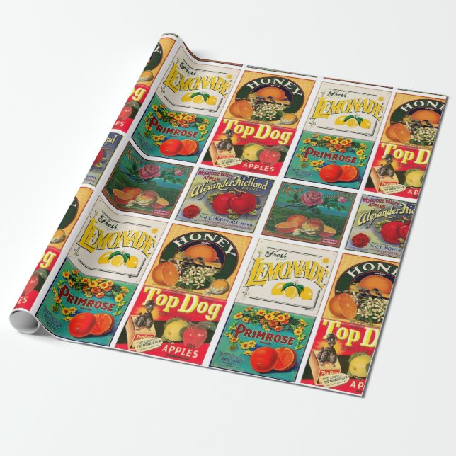 Vintage Fruit Labels Pattern Wrapping Paper (Unrolled)