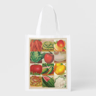 Vintage Fruits and Vegetables Illustrations Grocery Bag