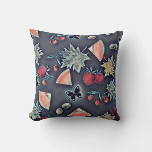 Vintage fruits berry cherry watermelon grape dark throw pillow