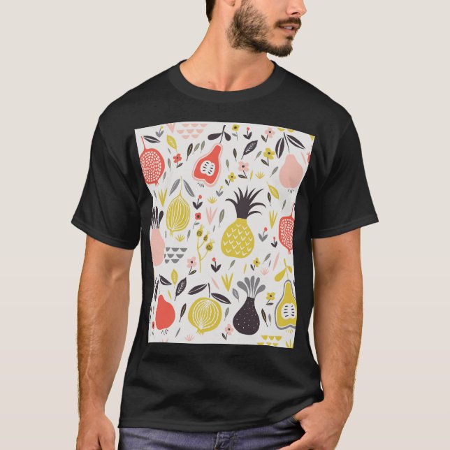 Vintage fruits, flowers: seamless pattern. T-Shirt (Front)