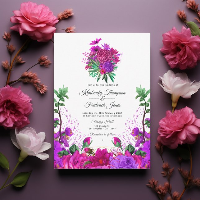 Vintage Fuchsia and Purple Floral Wedding Invitation (Fuchsia Wedding)