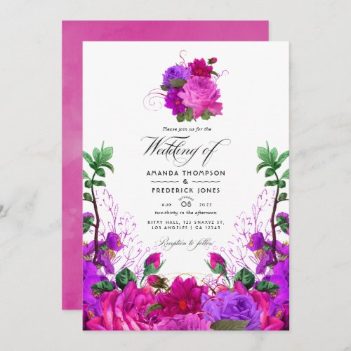 Vintage Fuchsia and Purple Floral Wedding Photo In Invitation