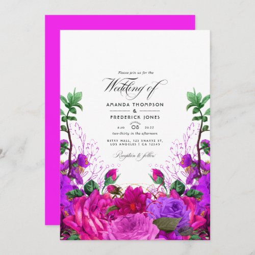 Vintage Fuchsia and Purple Floral Wedding Photo Invitation