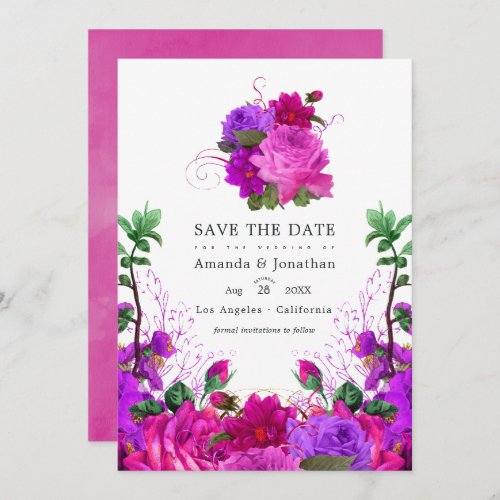 Vintage Fuchsia and Purple Floral Wedding Photo Save The Date